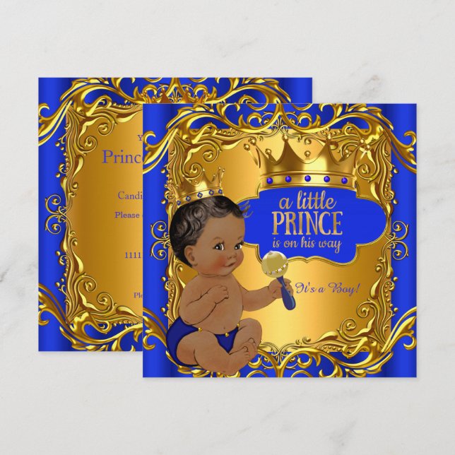 Invitation Bébé Prince Royal Fête de Naissance Bleu Or Hochet (Devant / Derrière)