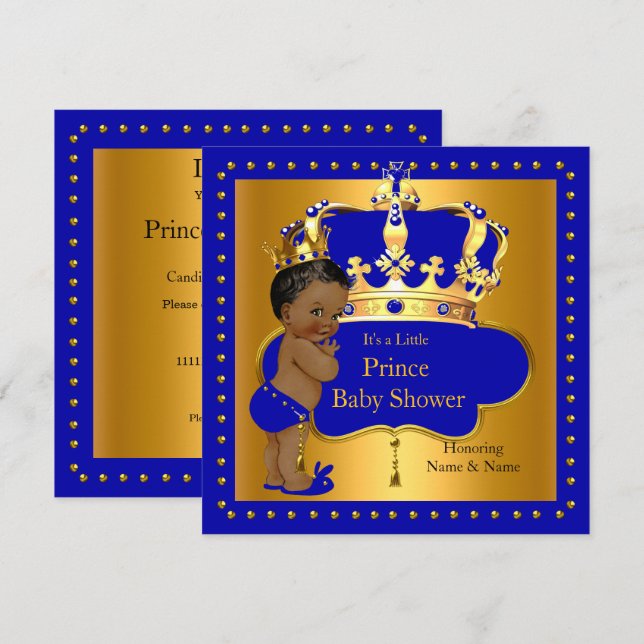 Invitation Bébé Prince Royal Fête de Naissance Couronne Bleue (Devant / Derrière)