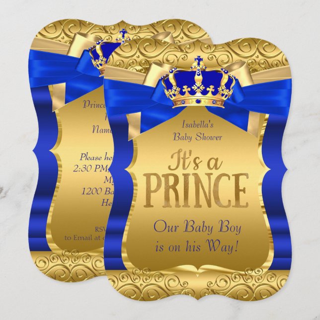 Invitation Bébé Prince Royal Fête Prénatale Bleu Or Arc Garço (Devant / Derrière)