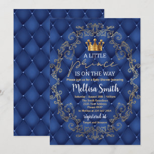 Invitation Bébé Prince Royal Fête Prénatale Bleu Or Hochets E