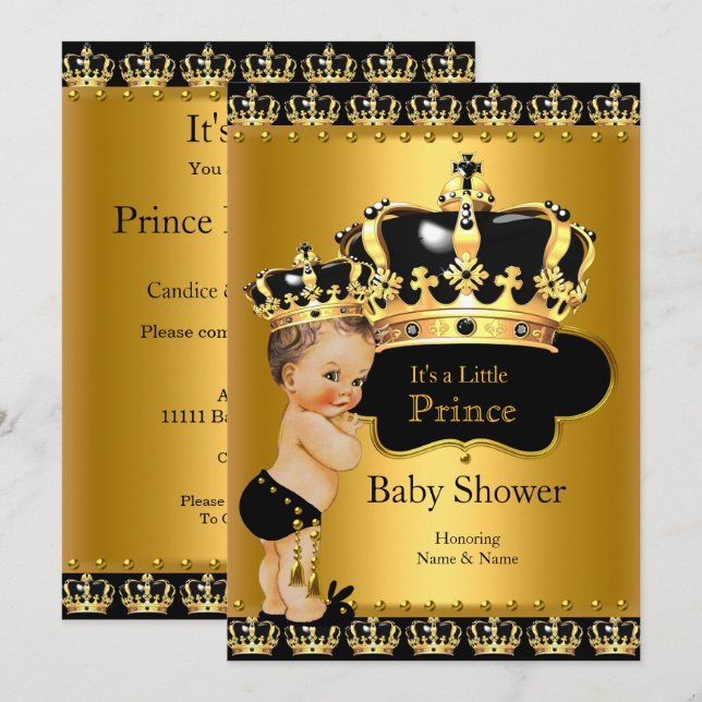 Invitation Bébé Prince Royal Fête Prénatale Noir Or Brunette (Devant / Derrière)