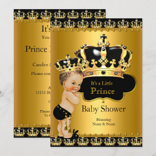 Invitation Bébé Prince Royal Fête Prénatale Noir Or Brunette
