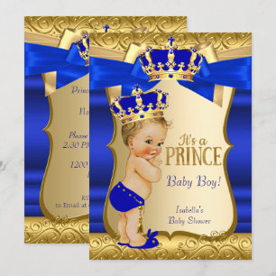 Invitation Bébé Prince Royal Shower Bleu Or Damassé Blond