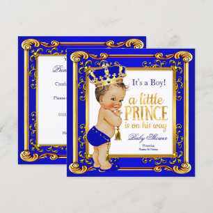 Invitation Bébé prince shower bleu couronne dorée brun garçon
