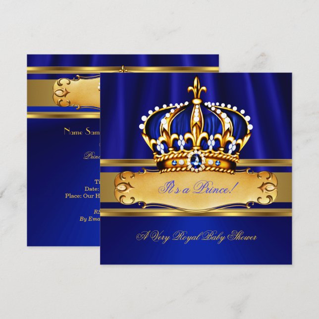Invitation Bébé Prince Shower Bleu Royal Or (Devant / Derrière)