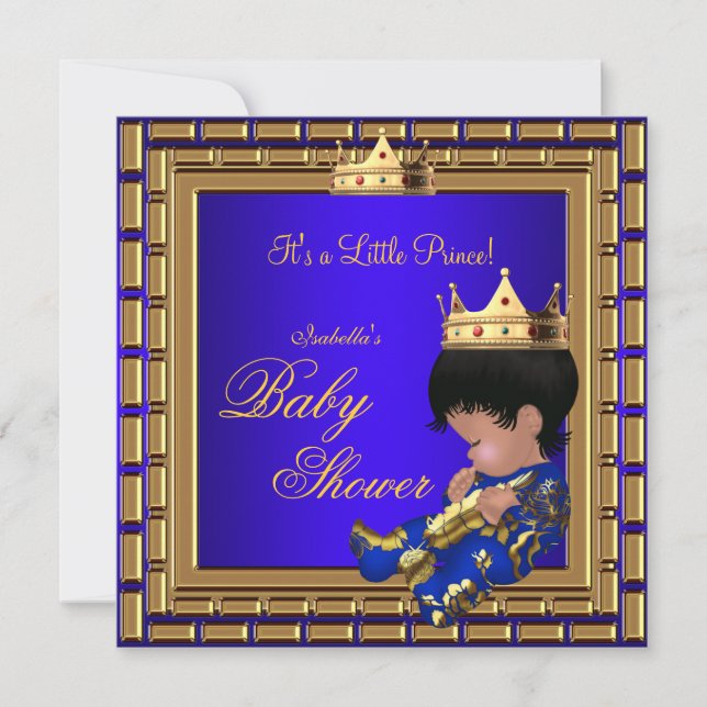 Invitation Bébé Prince Shower Bleu Royal Or Couronne Garçon 4 (Devant)