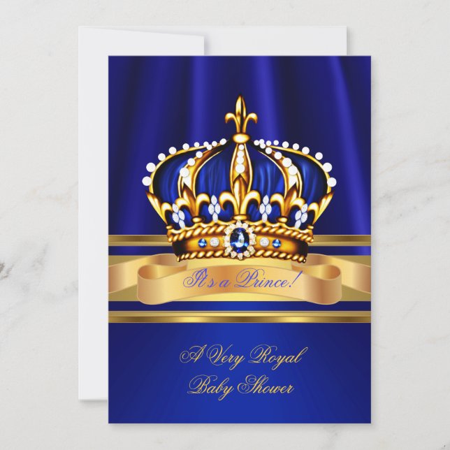 Invitation Bébé Prince Shower Couronne Royale Bleu Or (Devant)