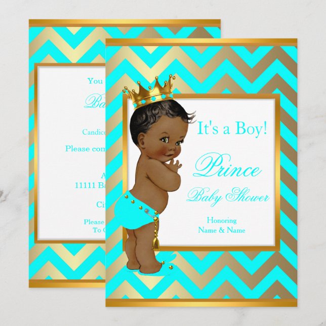 Invitation Bébé prince shower garçon or sarcelle bleu ethniqu (Devant / Derrière)