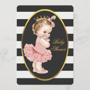 Invitation Bébé Princesse à Tutu Noir Blanc Grilles Or