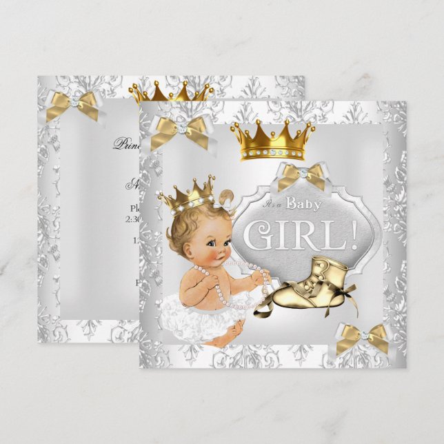 Invitation Bébé Princesse Baby Shower Or Argent Damassé Blond (Devant / Derrière)