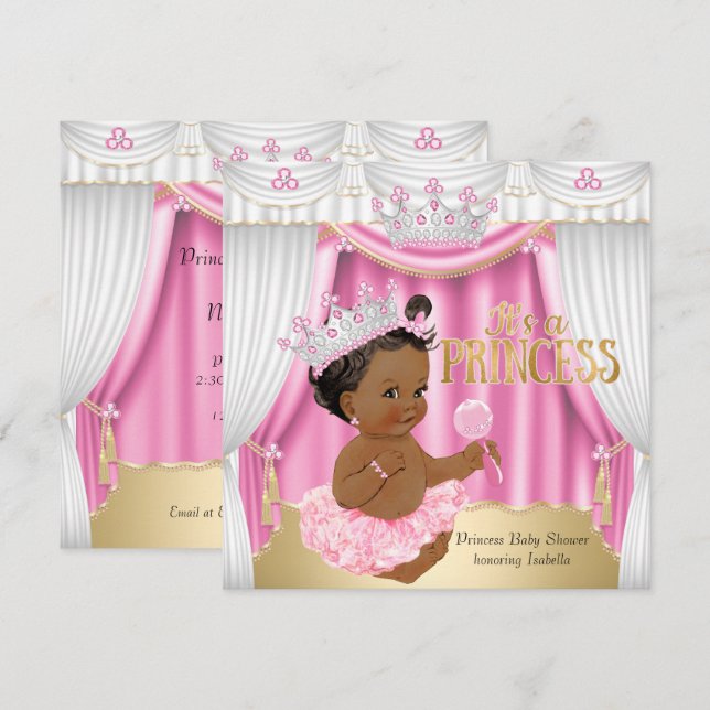 Invitation Bébé Princesse Baby Shower Rose Blanc Gemme Or Eth (Devant / Derrière)