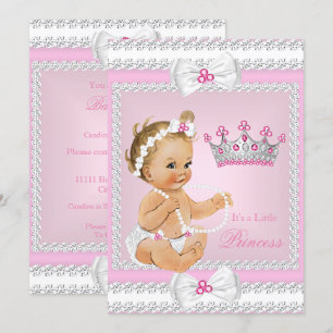 Invitation Bébé Princesse Baby Shower Rose Perles Blanches Ru