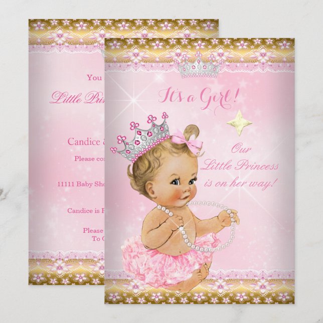 Invitation Bébé Princesse Baby Shower Rose Tutu Doré Diadème  (Devant / Derrière)