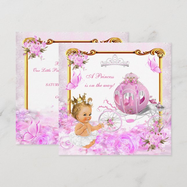 Invitation Bébé princesse blonde Baptême Rose Couronne dorée (Devant / Derrière)