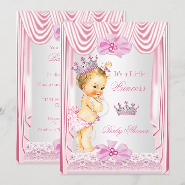 Invitation Bébé princesse blonde shower en soie rose (Devant / Derrière)