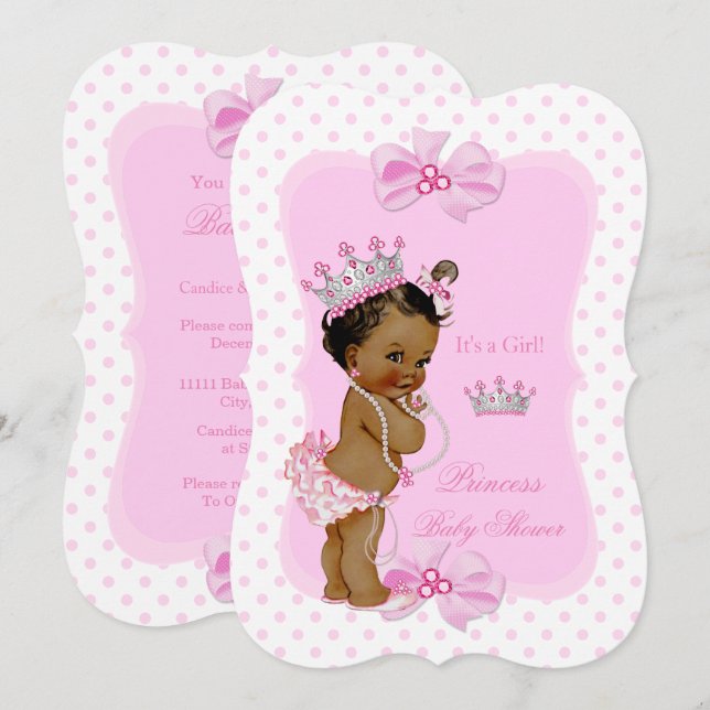 Invitation Bébé princesse Fête prénatale Fille Rose Points et (Devant / Derrière)