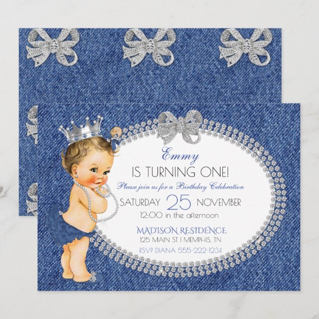 Invitation Bébé Princesse Fille Denim & Diamants Nœuds (Devant / Derrière)