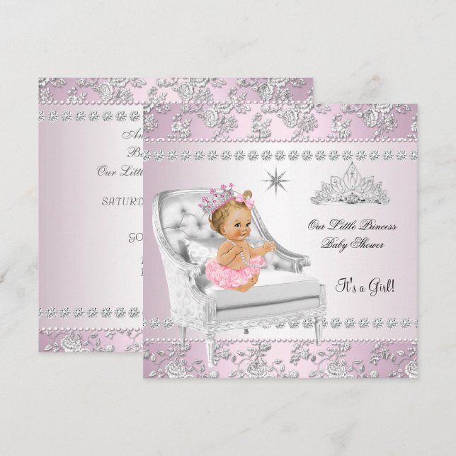 Invitation Bébé Princesse Fille Rose Chaise Argentée Blonde (Devant / Derrière)