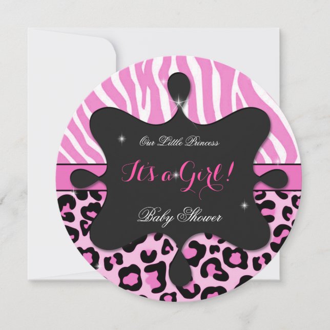 Invitation Bébé Princesse Fille Sa Shower Rose Léopard Zèbre  (Devant)