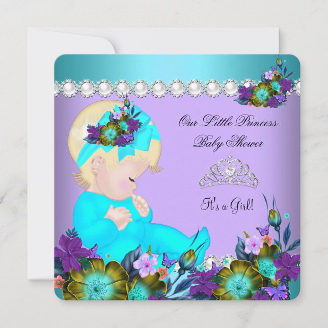 Invitation Bébé Princesse Fille Saumon Bleu Violet Blonde (Devant)
