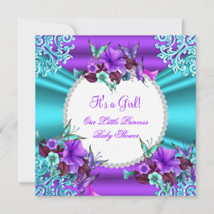 Invitation Bébé Princesse Fille Saumon Violet Floral 4