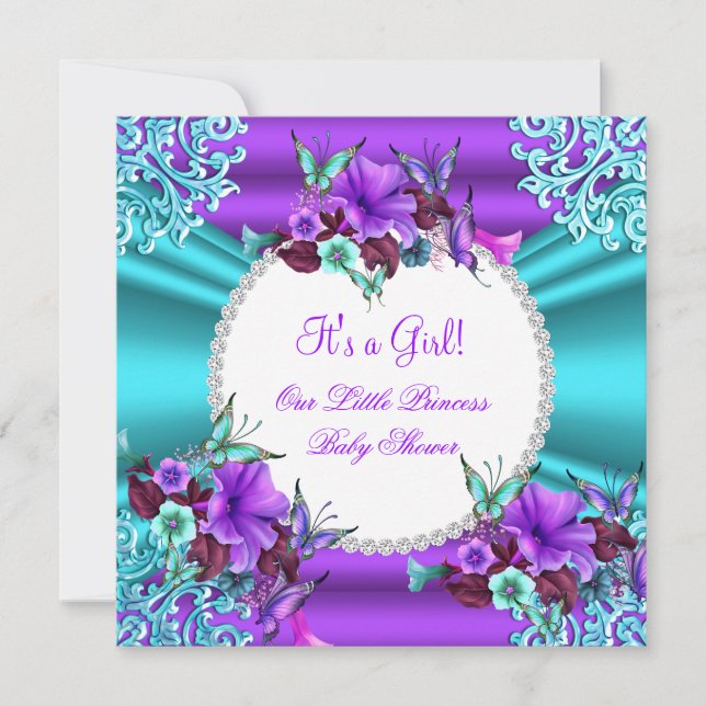 Invitation Bébé Princesse Fille Saumon Violet Floral 4 (Devant)