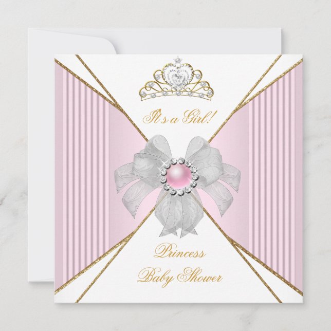 Invitation Bébé Princesse Fille Shower Blanc Rose Perle Or (Devant)