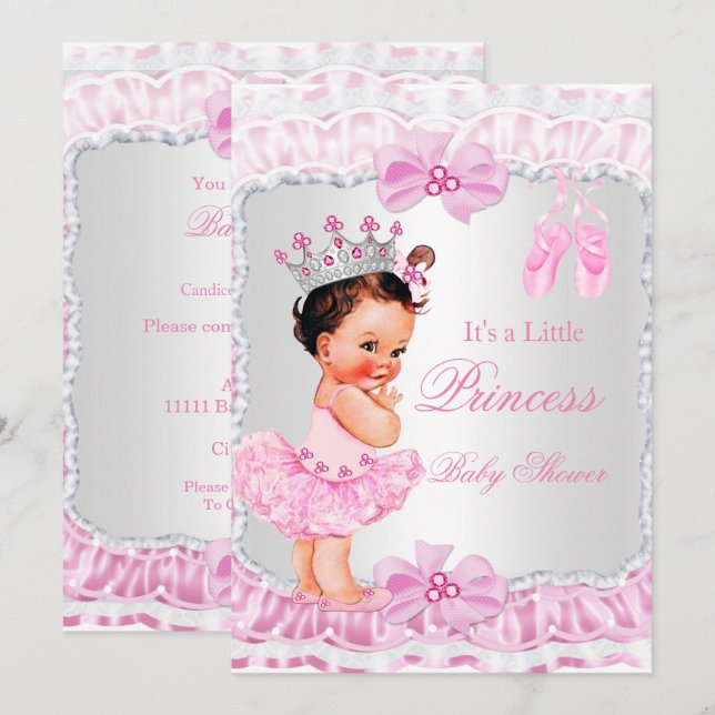 Invitation Bébé princesse Fille Shower Rose Ballerine Brune (Devant / Derrière)