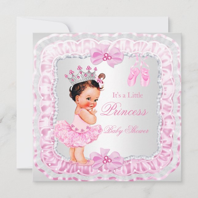 Invitation Bébé princesse Fille Shower Rose Ballerine Brune (Devant)