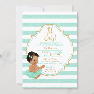 Invitation Bébé princesse fille tutu menthe rayures paillette
