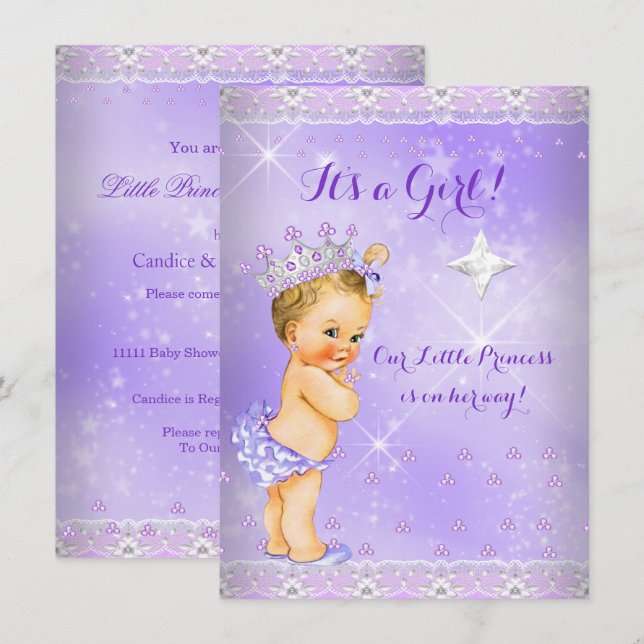 Invitation Bébé Princesse Lavande Lilac Diadème Blond Baby Sh (Devant / Derrière)