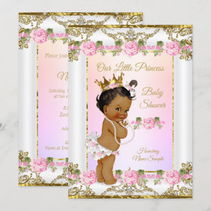 Invitation Bébé Princesse Rose Fête Poudre Rose Or Blanc Ethn