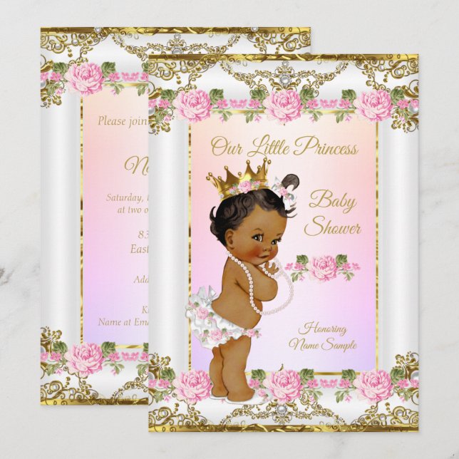 Invitation Bébé Princesse Rose Pâle Or Blanc Ethnique Shower (Devant / Derrière)