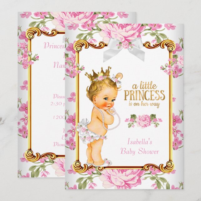 Invitation Bébé Princesse Shower Rose Blanc Floral Blonde 2 (Devant / Derrière)