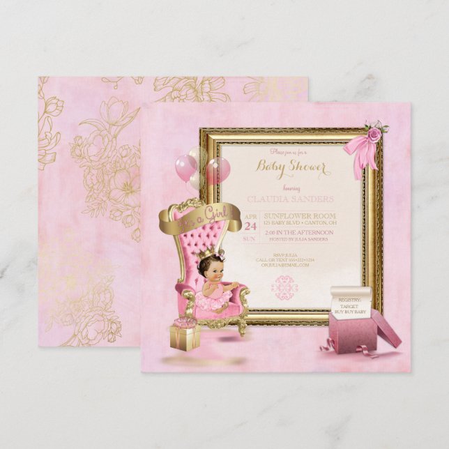 Invitation Bébé Princesse Tutu Couronne Or Rose Royale (Devant / Derrière)