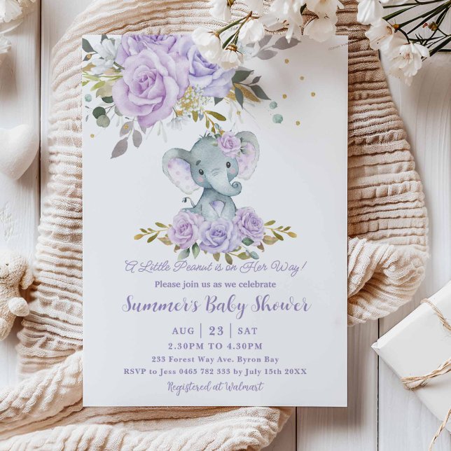 Invitation Bébé Purple Floral mignon Eléphant Baby shower fil (Créateur téléchargé)