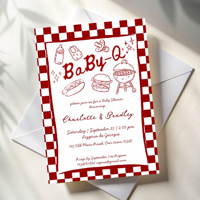 Invitation Bébé q barbecue vérifications rouges baby shower (Baby q barbeque red checks hand drawn barbeque baby shower invitation cards template)