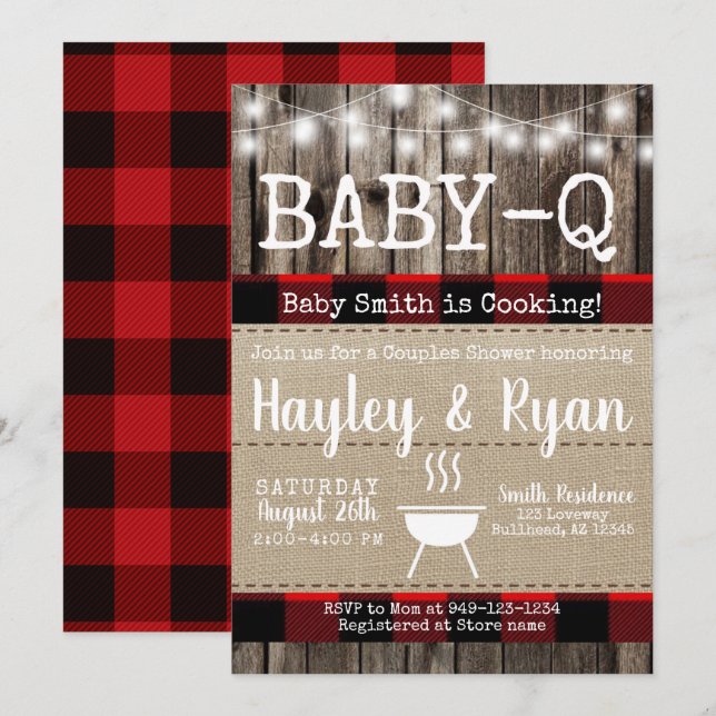 Invitation Bébé-Q rustique Buffalo Plaid Couples Douche (Devant / Derrière)