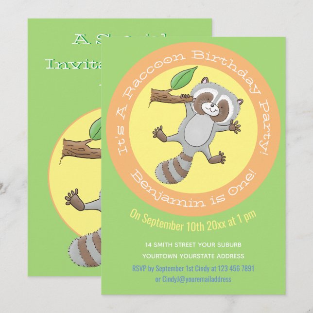 Invitation Bébé raton laveur mignon illustration de dessin an (Devant / Derrière)