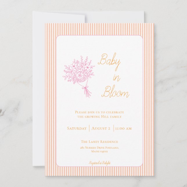 Invitation Bébé rayé pêche et rose dans la douche Fleurir (Devant)