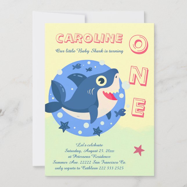 Invitation Bébé requin Premier anniversaire sous la mer jaune (Devant)