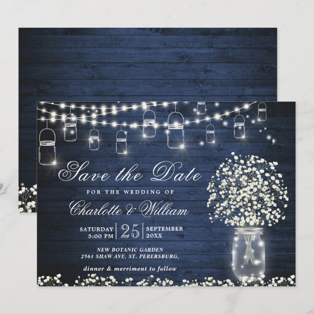 Invitation Bébé Respiration Pot Mason Rustique Bois Bleu Mari (Devant / Derrière)