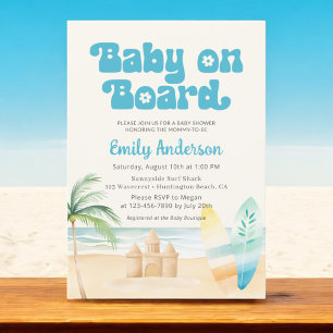 Invitation Bébé rétro à bord Surfboard Beach Boy Shower