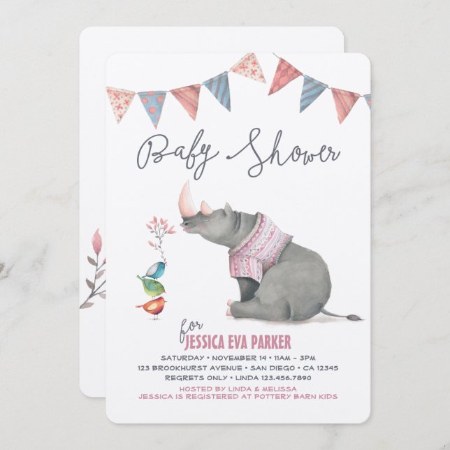 Invitation Bébé Rhinoceros & Birdies Peint Baby shower fille (Devant / Derrière)