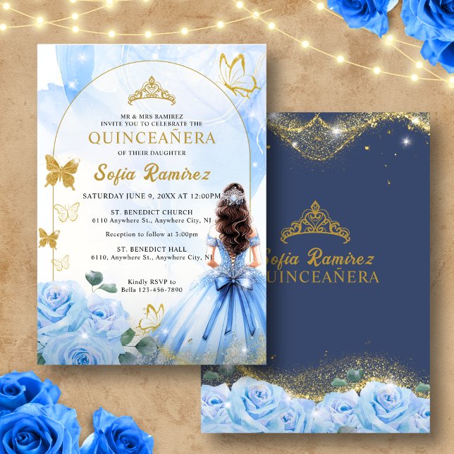 Invitation Bébé Robe Bleue Princesse Parties scintillant Quin (Créateur téléchargé)
