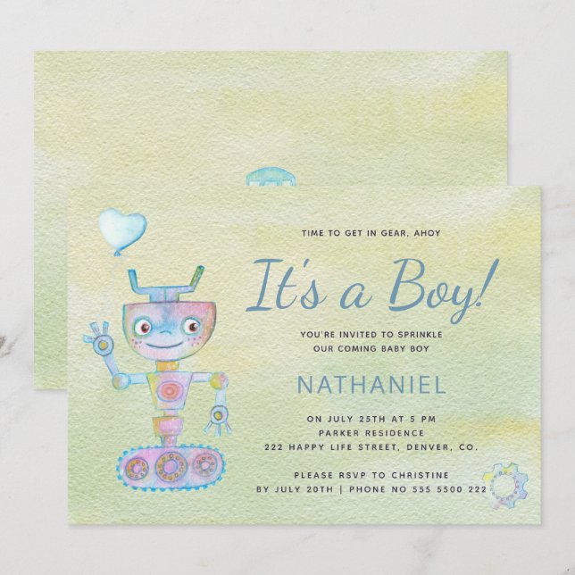Invitation Bébé robot mignon bleu pastel c'est une douche pou (Devant / Derrière)