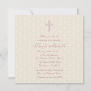 Invitation Bébé rose beige Damask Fille Christening