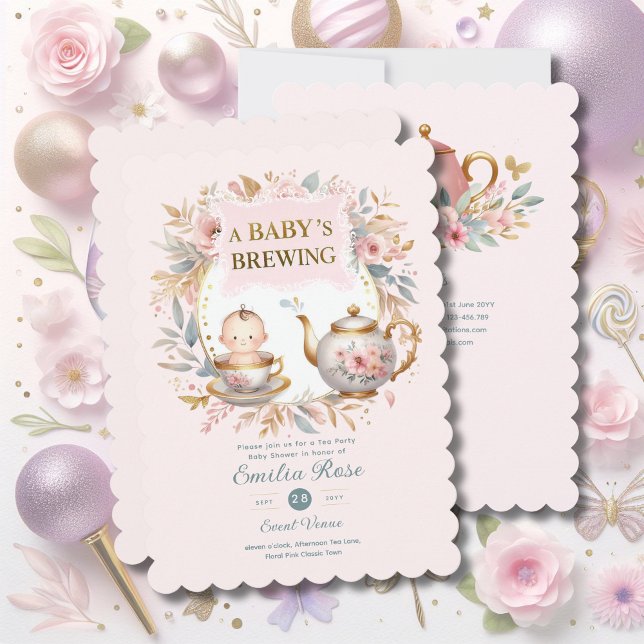 Invitation Bébé rose brassage Tea Party Douche Floral Brunch (Créateur téléchargé)