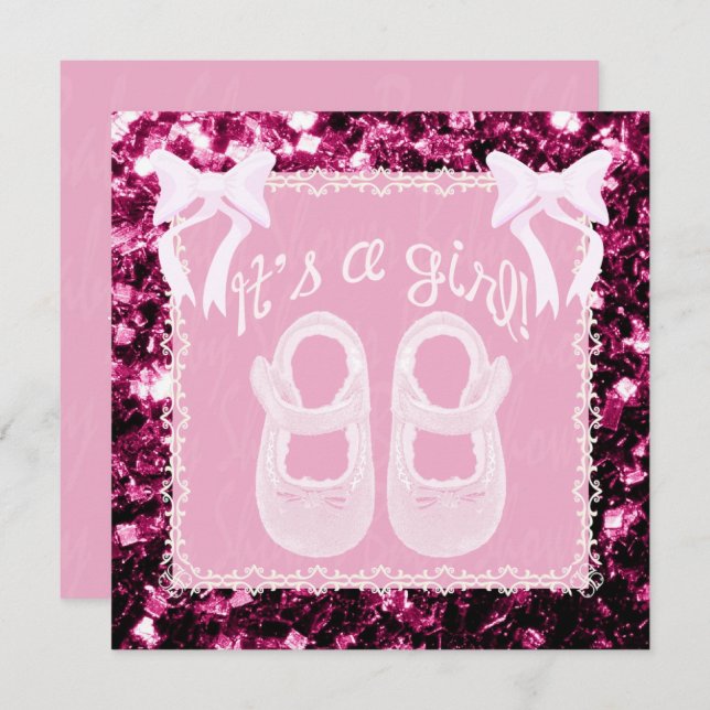 Invitation Bébé rose clair Fille douche rose étincelants Invi (Devant / Derrière)