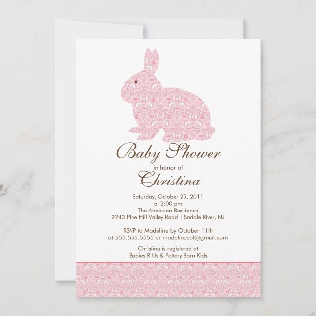 Invitation Bébé rose d'invitation de baby shower de lapin de (Devant)